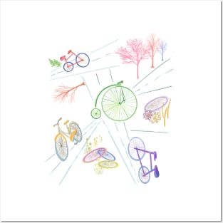 Bikes, streets, tires, trees in a simple design of pastel colors.  Car, share the road. Posters and Art